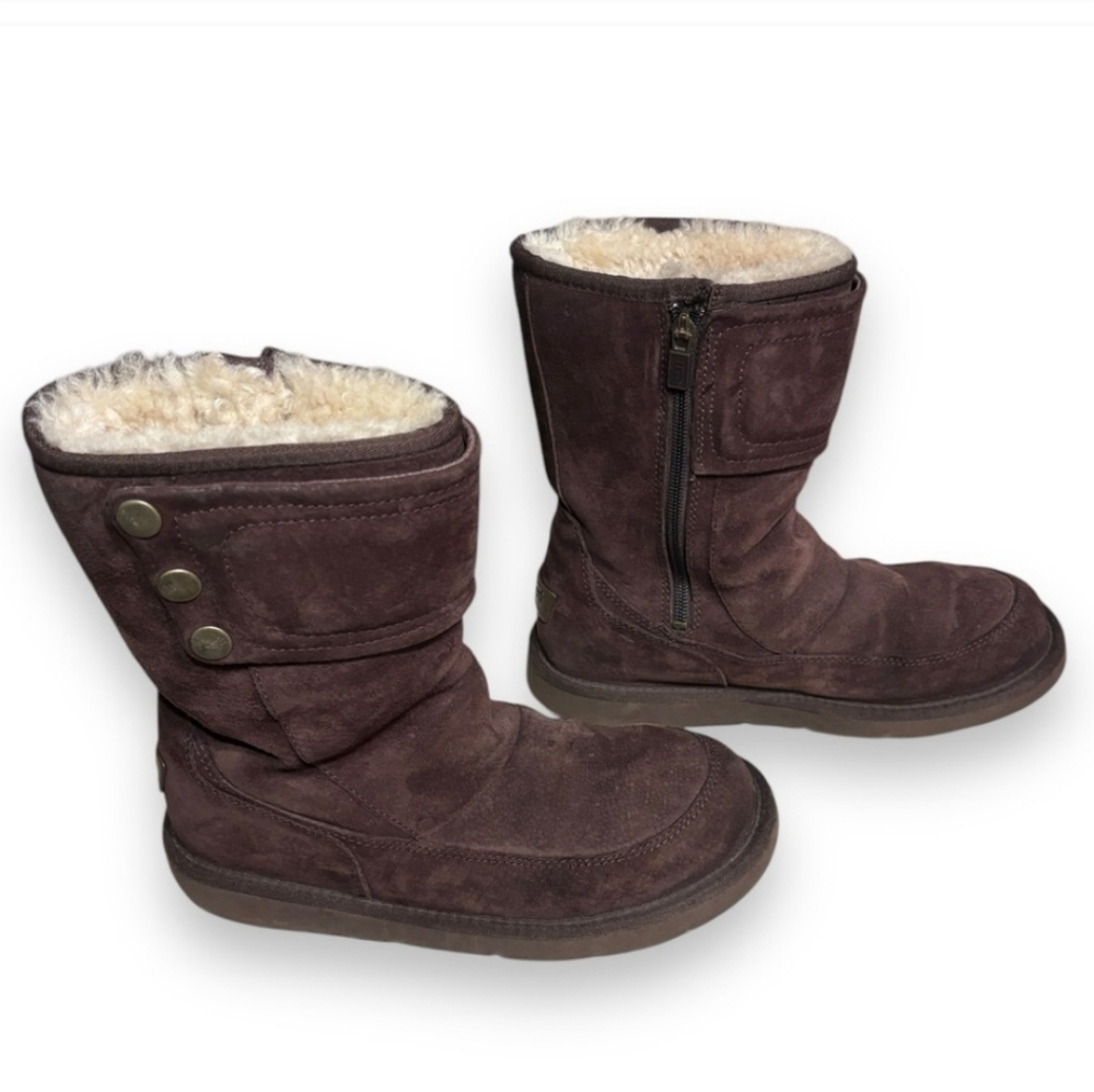 UGG “KENTT” Brown Suede & Shearling Side Zip Boots